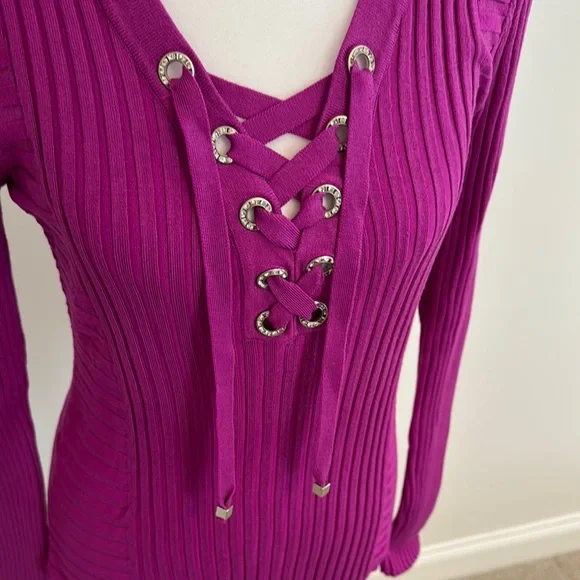 INC Women's Magenta Lace-Up Ribbed Sweater - Picture 3 of 8